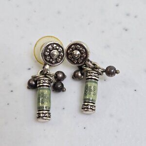 Green Beaded Earrings Silver Tone Floral Swirl Oriental Look Dangle Boho